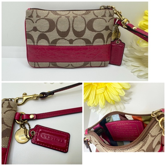 Coach Handbags - Coach Signature Small Wristlet Pouch Clutch 
 Wallet Magenta /Khaki